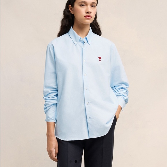 AMI Paris BUTTON DOWN AMI DE COEUR SHIRT Light Blue Unisex Sz 38 US 6 NEW - Picture 1 of 16